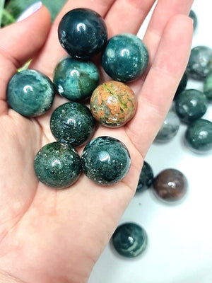 Moss Agate mini spheres.