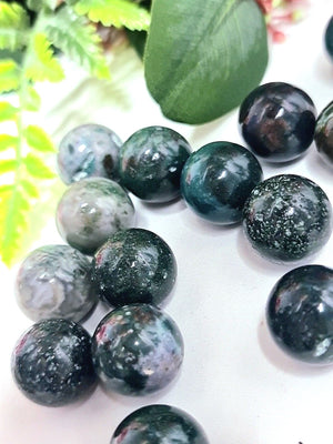 Moss Agate mini spheres.
